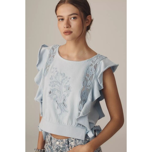 By Anthropologie Flutter-Sleeve Lace-Detail Blouse Top Floral Cotton XL 280340 - Picture 1 of 8